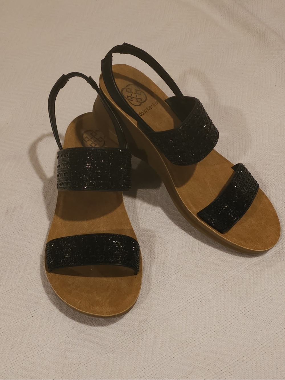 Daisy Fuentes Black Sparkle Slingback Wedge Sandals